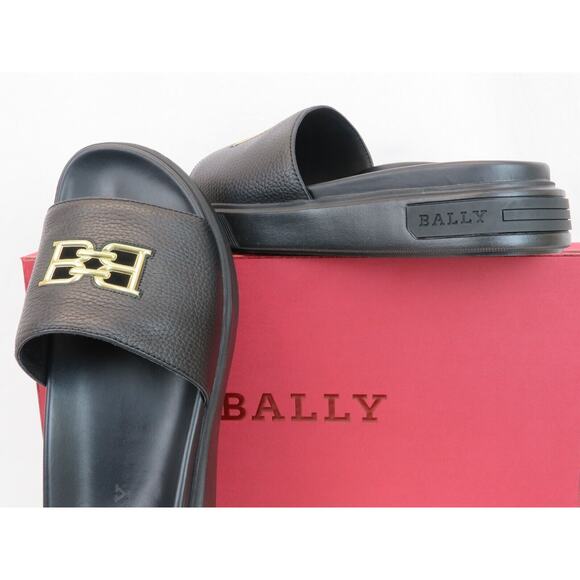 NIB BALLY JAXONS BLACK LEATHER B CHAIN GOLD LOGO SANDALS FLOPS SLIDES 12 D main image 5